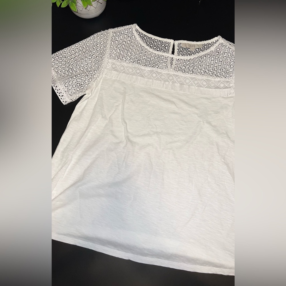 Loft White Lace sleeve top with fringe details Size Large EUC